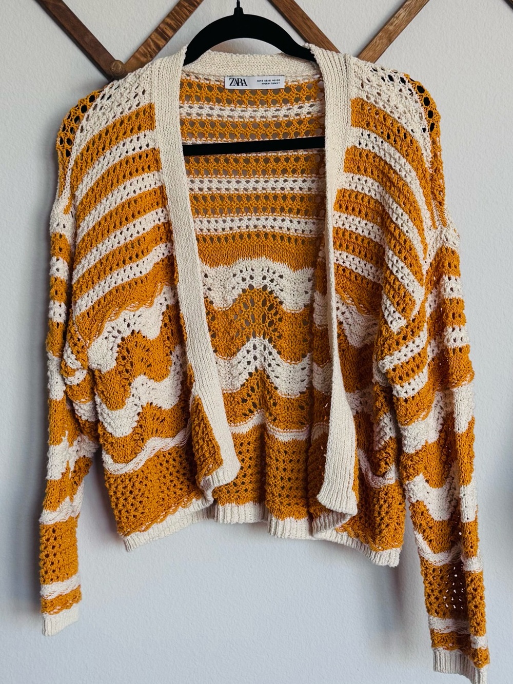 ZARA Cream and Mustard Striped Open-Weave Cardigan